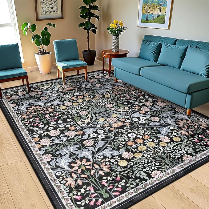 10x14 Area Rugs for Living Room: Floral Washable Rug Vintage Large Soft Boho - Image 2