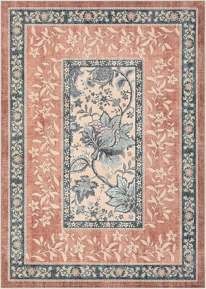 GarveeHome Terracotta Teal Washable 6x9 Area Rugs, Botanical Grove Vintage - Image 9