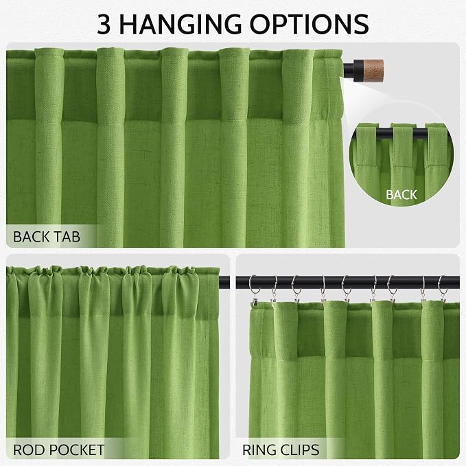 Nanspring Lime Green Linen Blend Light Filtering Back Tab Curtains 96 Inches - Image 3