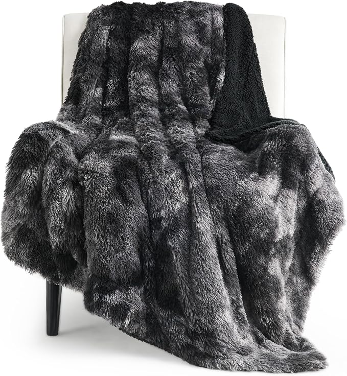 Bedsure GentleSoft Fuzzy Sherpa Faux Fur Twin Blanket Tie Dye Black Cozy Gifts by BEDSURE
