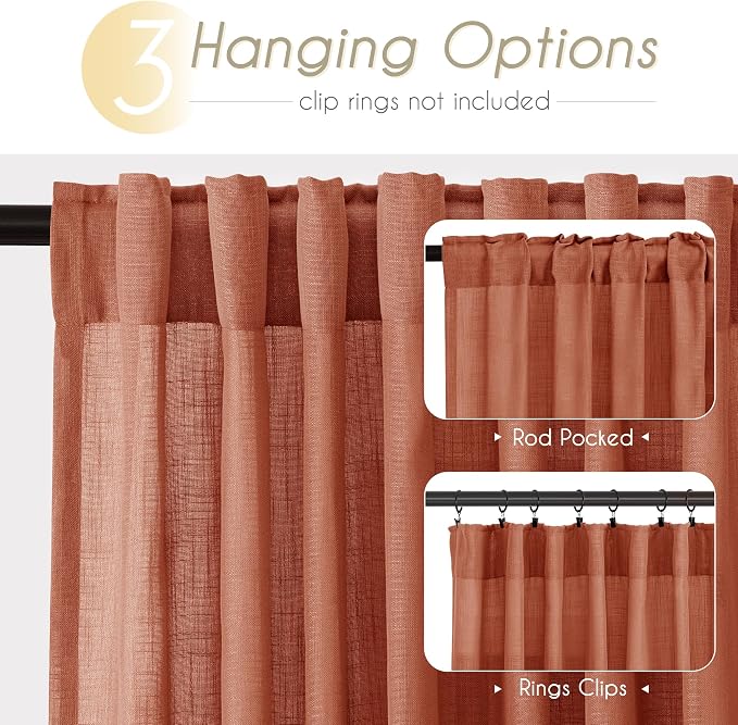 63 inch Linen Terracotta Curtains 2 Panels - Image 2