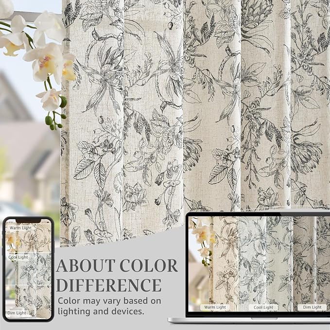 jinchan Floral Curtains 63 Inch Length Black Flower Linen Farmhouse Curtain - Image 6