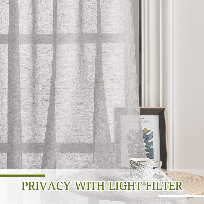 NICETOWN 90 inch Grey Curtains Linen Sheer Window Drapes, Grommet Decorative - Image 3