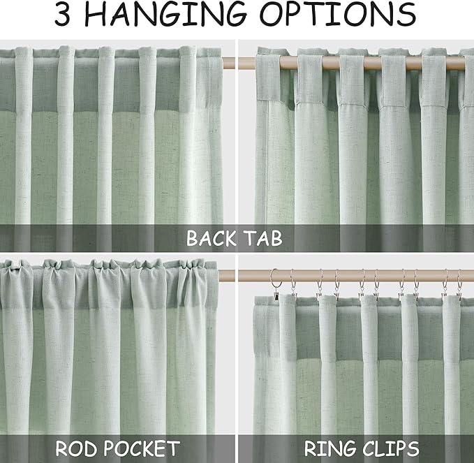 Nanspring Aqua Green Linen Curtains Semi Sheer 96 Inches Long 2 Panels Set - Image 2