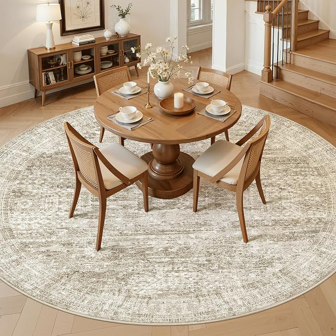 9x9 Brown Round Rug 9ft Living Room Circle Rug Vintage Round Area Rug Non Slip - Image 2