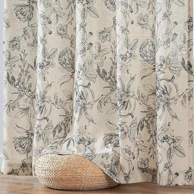 jinchan Floral Curtains 63 Inch Length Black Flower Linen Farmhouse Curtain - Image 7