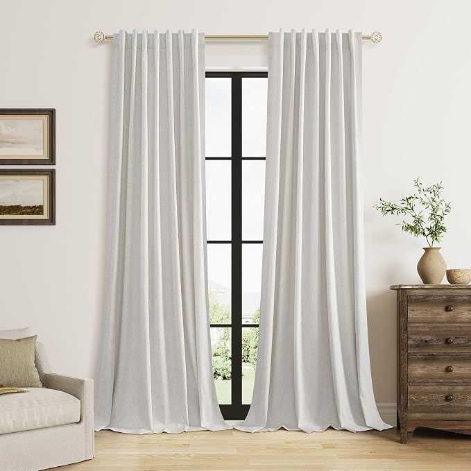 Guken Natural 100% Blackout Curtains 112 Inch Length 2 Panels Set Neutral Linen by Guken
