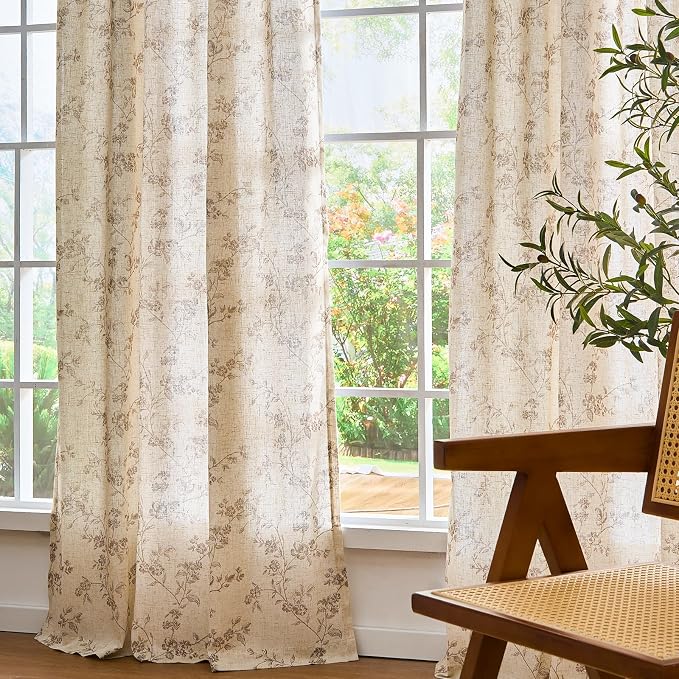 Lazzzy Taupe Floral Linen Curtains 84 Inch Farmhouse Curtain Back Tab Drapes - Image 7