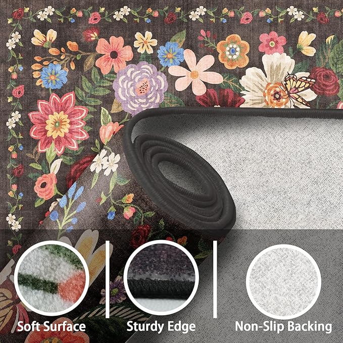 Black/Brown Floral Rug for Entryway, 2x3 Washable Kitchen Mat Ultra-Thin Soft - Image 4