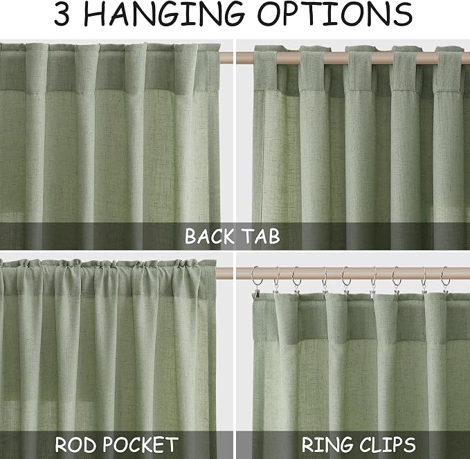 Nanspring Light Sage Linen Curtains 90 Inch Long 2 Panels Set - Image 2