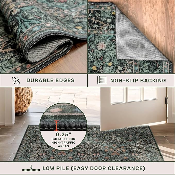 Dark Green Floral Living Room Rug 5x7 Area Rug - Image 6
