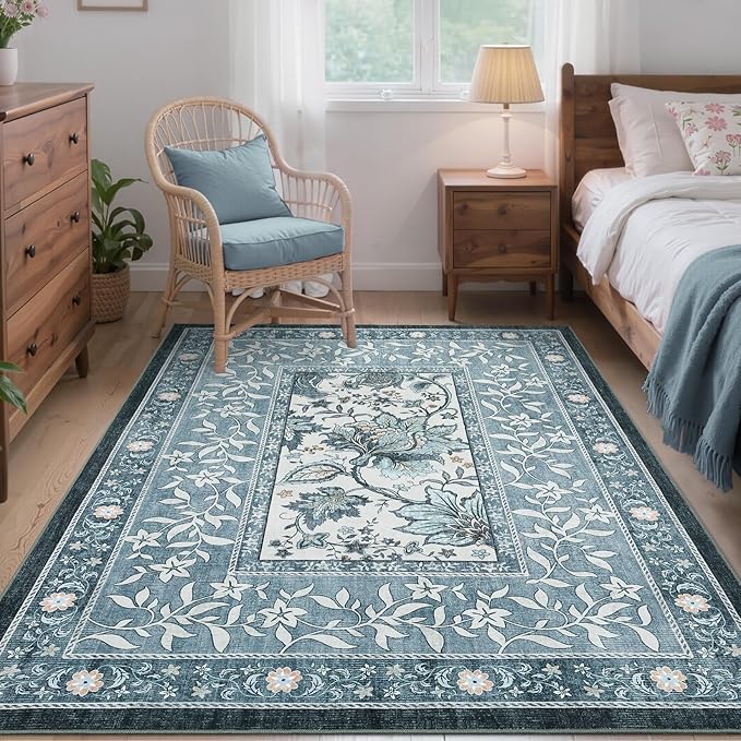 GarveeHome Provence Misty Blue 3x5 Rug Washable Non-Slip Low-Pile Indoor Rugs - Image 2