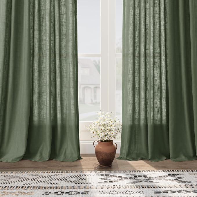Olive Green Linen Curtains 60 Inch Length 2 Panel Set Back Tab Rod Pocket Semi - Image 6