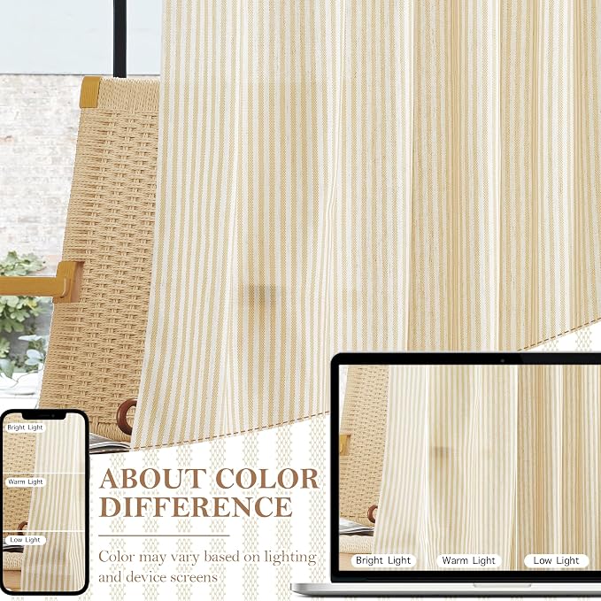 RYB HOME Yellow Kitchen Curtains 24 inch Length, Linen Farmhouse Striped Tier - Image 2