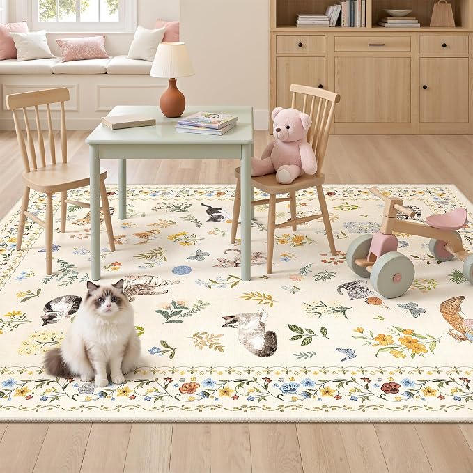 Cat 4x6 Area Rugs, Machine Washable Animal Floral Accent Rug Non-Slip Low Pile - Image 2