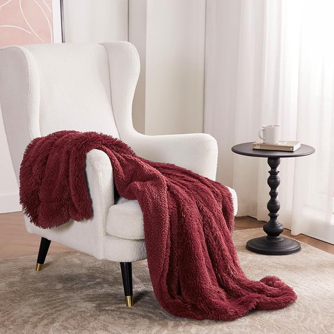 Bedsure GentleSoft Fuzzy Sherpa Faux Fur Twin Blanket Burgundy Red Cozy Gifts - Image 6
