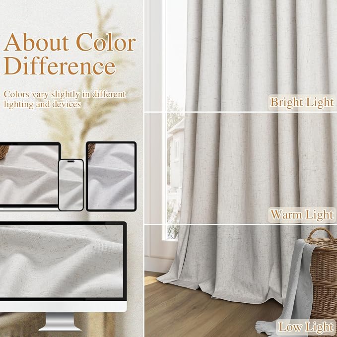 Guken Natural 100% Blackout Curtains 112 Inch Length 2 Panels Set Neutral Linen - Image 7