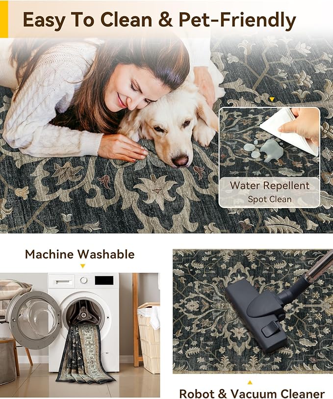 Area Rugs 4'x6' Washable Non-Slip, Floral Vintage Distress Print Pattern - Image 4