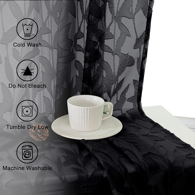 Lecloud Leia Black Sheer Curtains 90 Inches Long 2 Panels, Breathable Jacquard - Image 9