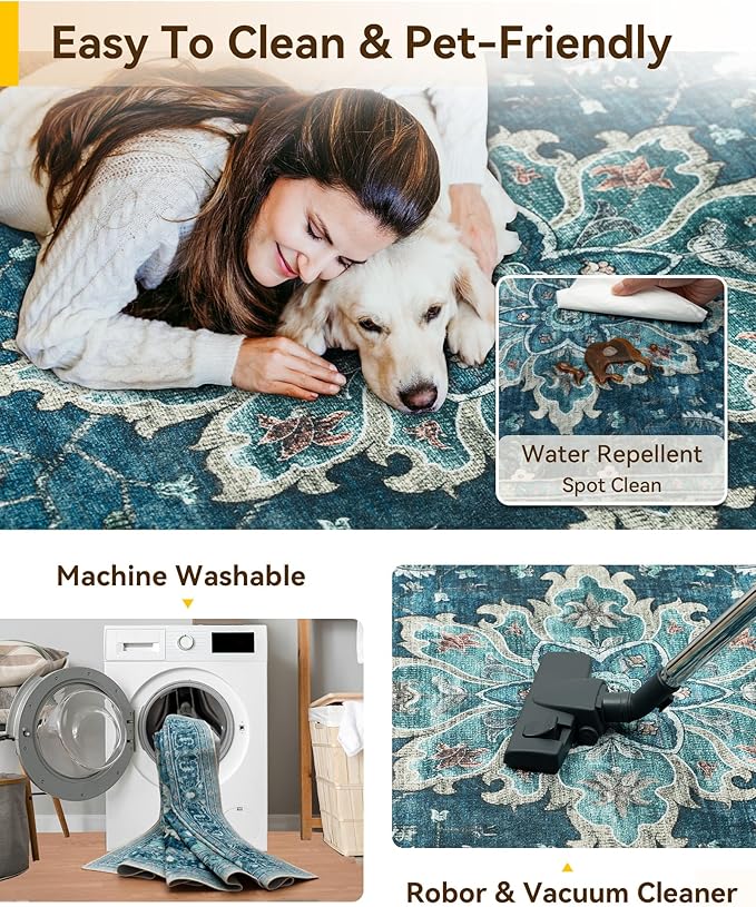 Area Rugs 9'x12' Washable Non-Slip, Floral Vintage Distress Print Pattern - Image 3