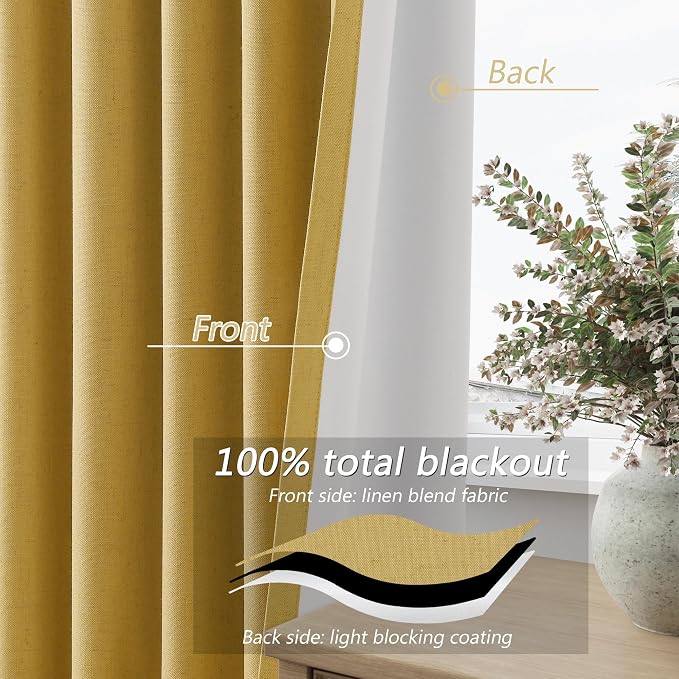 Gold 100% Blackout Linen Curtains 84 Inch Length 2 Panels Set - Image 4