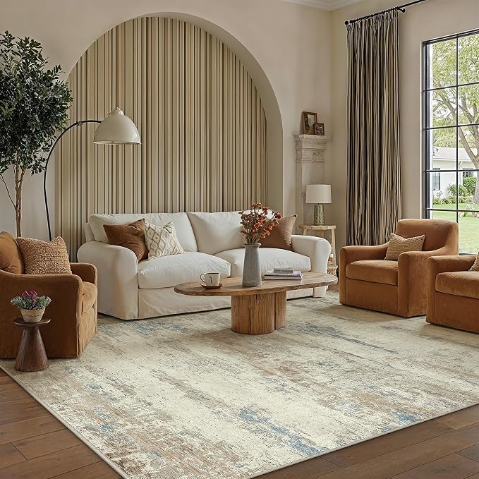 PureCozy 8x10 Area Rug Washable Beige Brown Abstract Living Room Carpet Non - Image 2