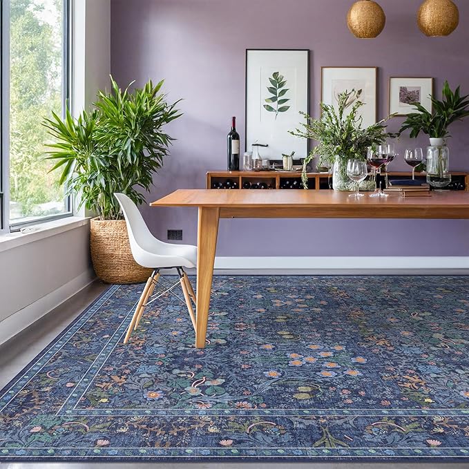 Hazo Haus Dark Blue Living Room Rug 8x10, Vintage Floral Washable Area Rugs - Image 6