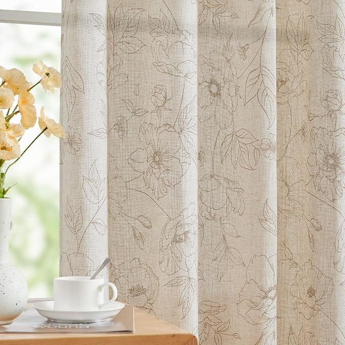 jinchan Floral Linen Curtains for Living Room 96 Inch Length Taupe Flower by JINCHAN