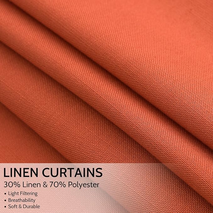 Extra Long Curtain Bright Orange Morden Linen Blend Light Filtering Back Tab - Image 2