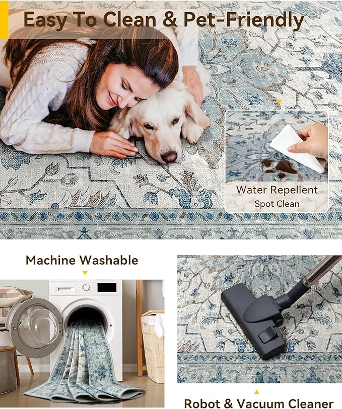 Area Rugs 6'x9' Washable Non-Slip, Floral Vintage Distress Print Pattern - Image 4