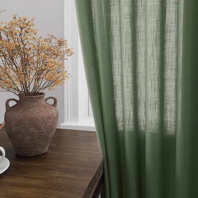 Olive Green Linen Curtains 60 Inch Length 2 Panel Set Back Tab Rod Pocket Semi - Image 2