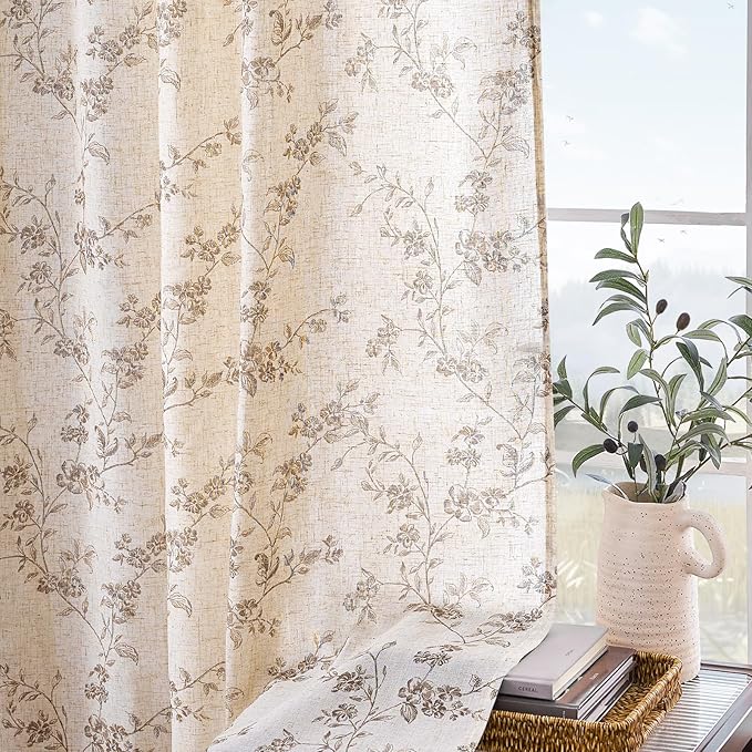 Lazzzy Taupe Floral Linen Curtains 84 Inch Farmhouse Curtain Back Tab Drapes - Image 5