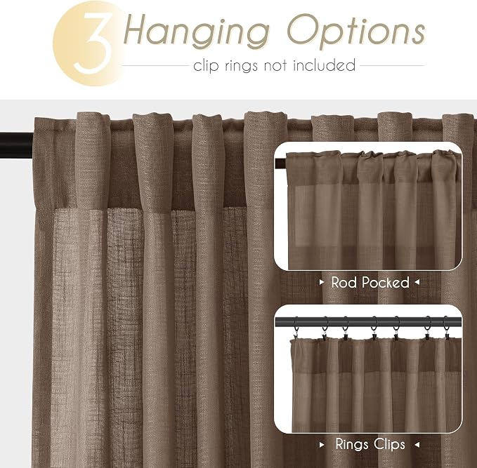 Chocolate Brown Linen Curtain 90 inch Length 2 Panels Set Back Tab Light - Image 2