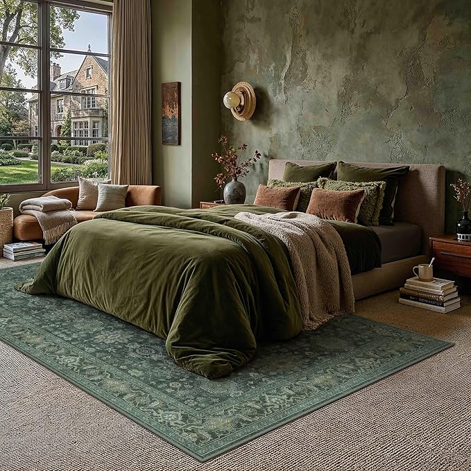 9x12 Washable Area Rug for Living Room Bedroom Vintage Green Non Slip Carpet - Image 3