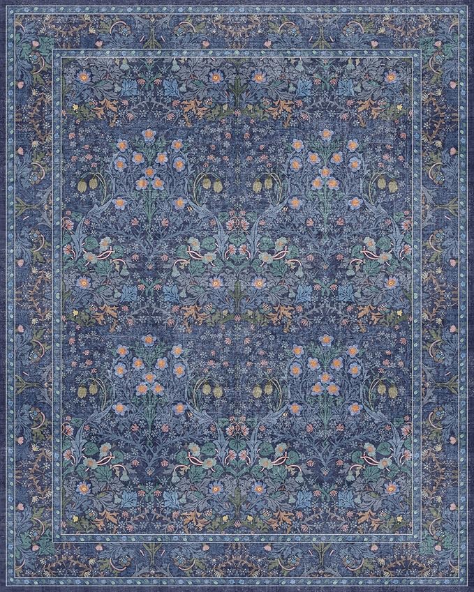 Hazo Haus Dark Blue Living Room Rug 8x10, Vintage Floral Washable Area Rugs - Image 2