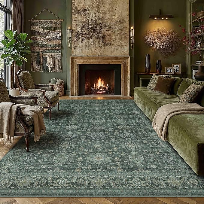 9x12 Washable Area Rug for Living Room Bedroom Vintage Green Non Slip Carpet by WondRg
