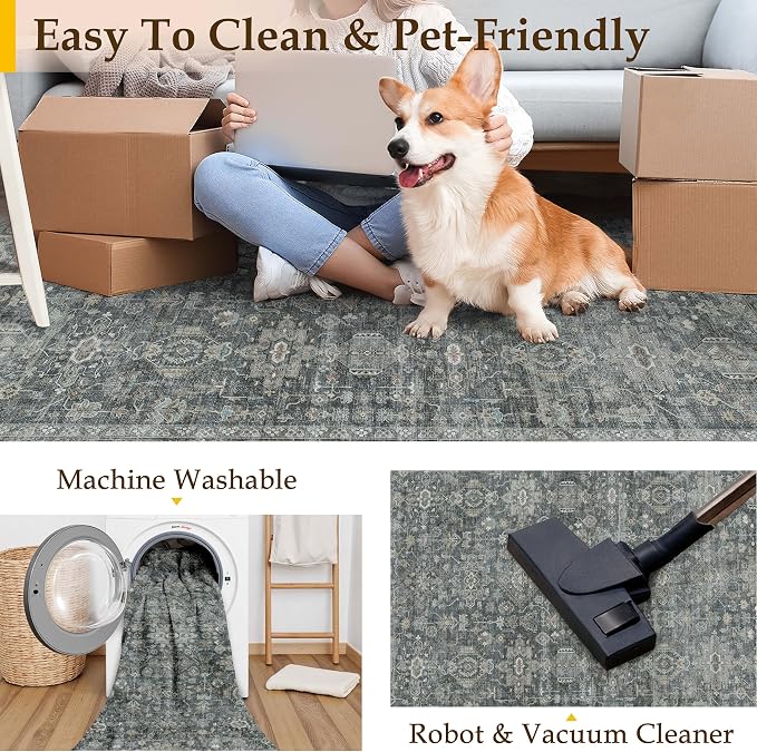 6x9 Washable Area Rug for Living Room Bedroom Vintage Black Grey Carpet Soft - Image 4
